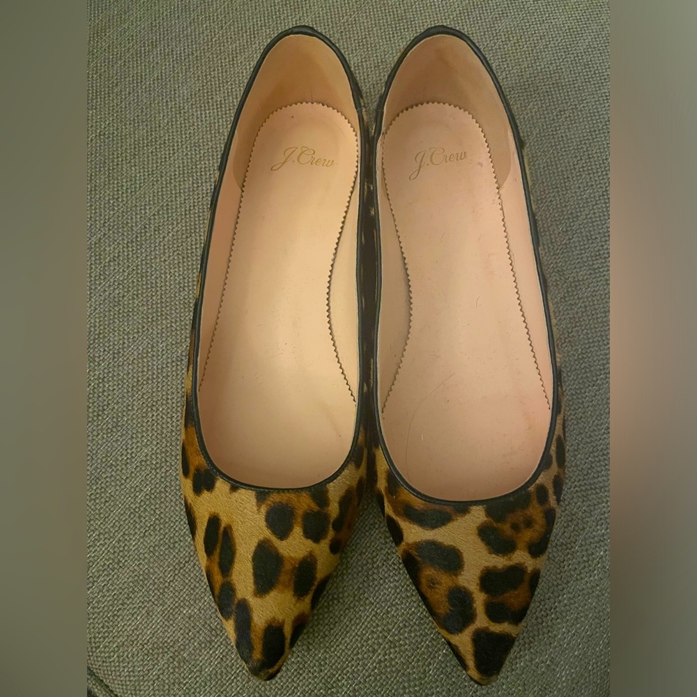 J. Crew pointed-toe flats in leopard calf hair, size 10